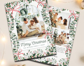 写真付きクリスマス カード テンプレート、メリー クリスマス カード、リボン付きホリデー カード、クラシック ボタニカル クリスマス カード、デジタル クリスマス カード テンプレート
