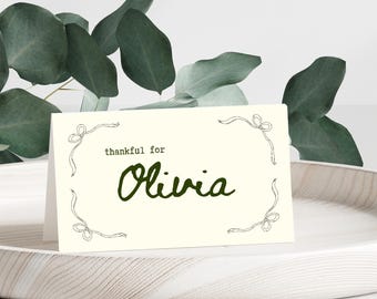 Thanksgiving Place Card TEMPLATE, Friendsgiving Table Card Printable, Fall Autumn Floral Pumpkins, Canva Template, Hand written doodle