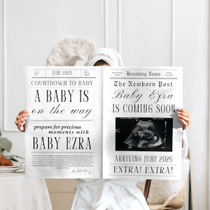 Baby Announcement Newspaper, Pregnancy Announcement Newspaper, Retro Baby Announcement, Editable Canva Template, Instant Download, Large