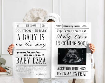 Baby Announcement Newspaper, Pregnancy Announcement Newspaper, Retro Baby Announcement, Editable Canva Template, Instant Download, Large