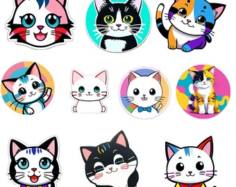 May include: Set of ten colorful cartoon cat stickers. The stickers feature various cat breeds and poses, including a black and white cat with green eyes, a white cat with a blue bow tie, and a calico cat with a purple bow. The stickers are perfect for adding a touch of whimsy to laptops, water bottles, journals, and more.