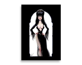 May include: Illustration of a woman in a black dress with a high slit, standing in a black archway. The woman has dark hair and is wearing a low-cut dress. The artwork is in a cartoon style.