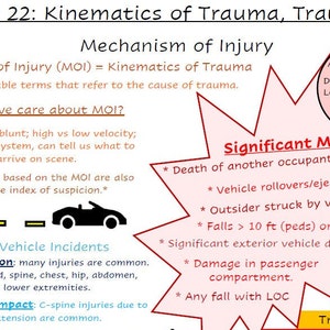 May include: A diagram explaining the concept of Mechanism of Injury (MOI) in trauma care. It defines MOI as kinematics of trauma and explains why it is important to understand the cause of trauma. The diagram also lists significant MOIs, including vehicle rollovers, falls from heights, and death of another occupant in a vehicle.