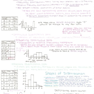 Op de afbeelding: Een handgeschreven notitiepagina met statistische informatie. De titel luidt "Statistics Chapter 2: Summarizing Data". De aantekeningen bevatten tabellen, grafieken en uitleg van statistische concepten zoals frequentieverdeling.