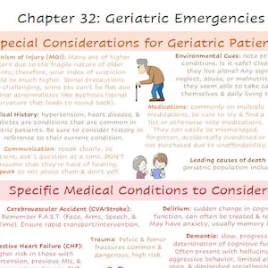 May include: A pink and white illustrated guide with the title "Chapter 32: Geriatric Emergencies" and the subtitle "Special Considerations for Geriatric Patients". The guide includes information about medical history, communication, medications, environmental cues, and specific medical conditions to consider, such as cerebrovascular accident, congestive heart failure, delirium, dementia, and trauma.