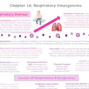 Puede incluir: Un gráfico médico con un encabezado rosa que dice "Emergencias respiratorias". El gráfico enumera varias afecciones respiratorias, que incluyen dificultad respiratoria, enfermedad pulmonar obstructiva crónica, fibrosis quística, embolia pulmonar, tórax inestable, trauma torácico, asma y herida de tórax por succión. El gráfico también incluye una sección sobre las causas de las emergencias respiratorias, que enumera la croup, la insuficiencia cardíaca congestiva y la herida de tórax por succión.