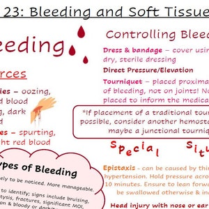 Puede incluir: Una ilustración médica que explica cómo controlar el sangrado de diferentes fuentes, incluidos los capilares, las venas y las arterias. También describe diferentes tipos de sangrado, incluidos el externo y el interno, y situaciones especiales como la epistaxis y las lesiones en la cabeza con sangrado de nariz u oídos. La ilustración incluye gotas de sangre roja, un vendaje y un torniquete.