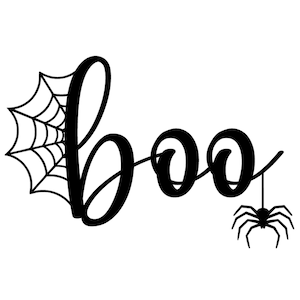 May include: Black "boo" text with a spider web and a hanging spider, perfect for Halloween decorations. The word "boo" is in a cursive font, with the spider web replacing the letter "b". The spider hangs from the second "o".