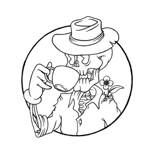 Squelette avec chapeau, appréciant le café, illustration de squelette de balustrade, fichiers de coupe Cricut Design en couches SVG + PNG + JPG + Ai + Eps Image numérique