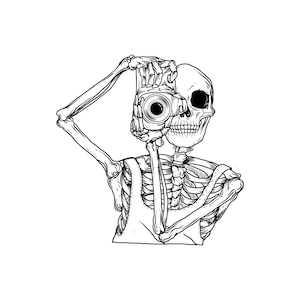 May include: A black and white line drawing of a skeleton holding a camera up to its eye. The skeleton is wearing a simple garment.