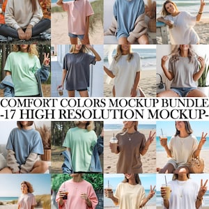 May include: A collection of t-shirt mockups in various colors, including pink, blue, and green. The image features multiple women wearing the shirts in different outdoor settings. Text on the image reads "COMFORT COLORS MOCKUP BUNDLE - 17 HIGH RESOLUTION MOCKUP."