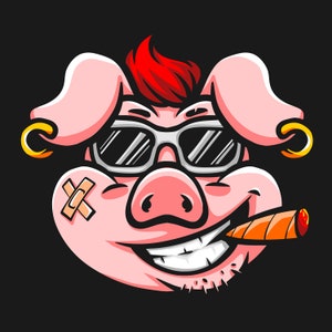 Actitud de cerdo punk: Bully Pig con gafas de sol, cigarro y pendientes, archivos de corte de diseño Cricut en capas SVG + PNG + JPG + Eps + Ai Imagen digital