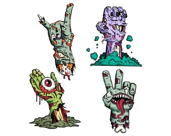 May include: Four cartoon zombie hands in different poses, including a peace sign, a rock and roll sign, and a hand with an eyeball. The hands are green and bloody, and they are emerging from the ground.