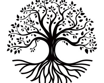 Circle Root Tree, Oak Tree, Family Tree, Monochrome and Colored Designs, Layered Cut File SVG + PNG + JPEG + Ai + Pdf Clip Art & Image File