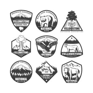 May include: Nine black and white vintage style logo designs for Yellowstone National Park. Each logo features a different animal or natural feature of the park, such as a bear, an eagle, a bison, a geyser, and a mountain range. The logos are all surrounded by text that says "Yellowstone National Park" or "National Park".
