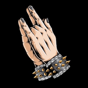 May include: Illustration of two hands with black nail polish, wearing black and silver studded wristbands with gold spikes. The hands are raised against a black background.