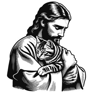 Jésus câlin chat, fichiers coupés en couches SVG + PNG + JPG Cricut Design fichiers Image de l'espace