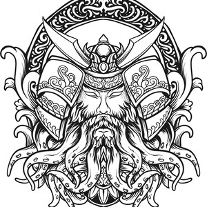 Poulpe samouraï : gardien de la mer, fichier de coupe Cricut Design en couches SVG + PNG + JPG + Eps + fichiers Image clip art et IA