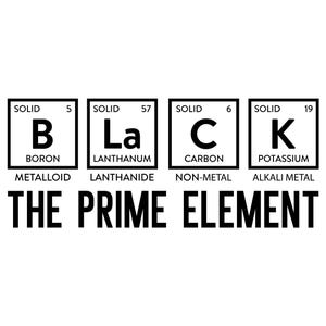 May include: Black and white graphic with the periodic table elements for Boron, Lanthanum, Carbon, and Potassium, spelling out the word "BLACK". The text "THE PRIME ELEMENT" is below the elements.
