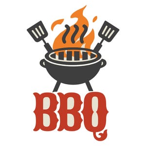Può includere: Un logo per barbecue con una griglia nera, fiamme arancioni e due spatole. La parola "BBQ" è scritta in lettere rosse e crema, perfetto per gli appassionati di grigliate.