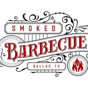 Puede incluir: Un logotipo en blanco y negro con adornos ornamentados para "Smoked Barbecue" en texto rojo con la ubicación "Dallas, TX" debajo. Una llama estilizada se encuentra en la esquina inferior derecha.