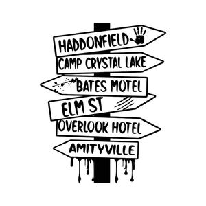 Znak Horror City: Haddonfield, Camp Crystal Lake, Bates Motel, Elm St, Overlook Hotel, Amityville Plik do cięcia SVG + PNG + Ai + Jpeg Clip Art