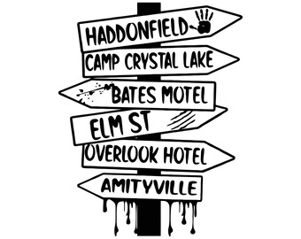 Horror City Sign: Haddonfield, Camp Crystal Lake, Bates Motel, Elm St, Overlook Hotel, Amityville gesneden bestand SVG + PNG + Ai + Jpeg-illustraties