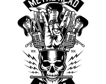 May include: Black and white graphic featuring a skull with a drumstick in its mouth, a hand making a peace sign, guitars, and microphones. The words "METAL HEAD" and "ROCK STAR" are displayed in banners.