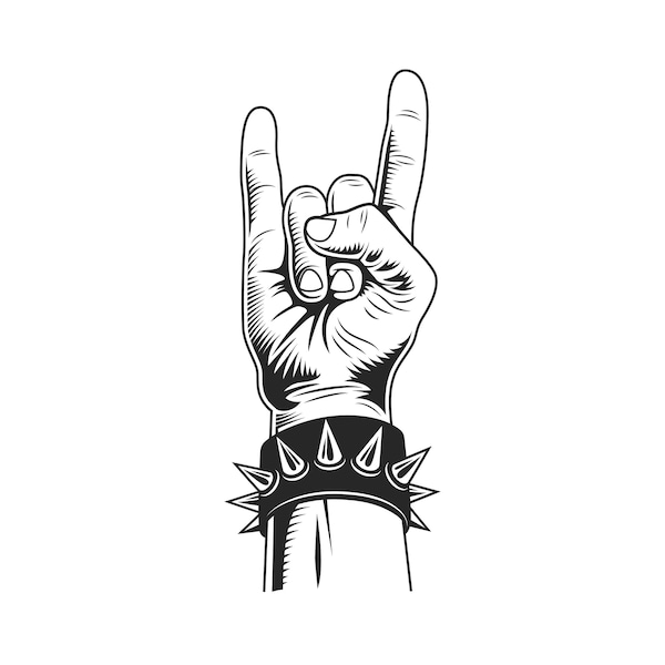 Corne du diable, geste rock, main de rocker avec métal, bracelet à pointes, fichier de coupe en couches SVG + PNG + JPEG + Eps + Ai + Gif Clip Art & Image File