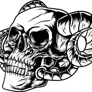 Cráneo de demonio con cuernos monocromático, ilustración de cráneo de cabra, cráneo de diablo, archivo de corte en capas SVG + PNG + JPG + Eps + Ai Clip Art y archivo de imagen