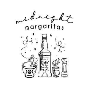May include: Black and white line art illustration featuring the words "midnight margaritas". The image includes a bottle of tequila, a mortar and pestle, a shot glass, a salt shaker, and a lime wedge. Stars and decorative swirls complete the design.