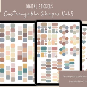 May include: Digital stickers for the Goodnotes app featuring customizable shapes in a range of colours, including beige, brown, blue, and green. The stickers are pre-cropped and provided as individual PNG files.