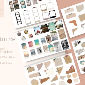May include: A set of over 120 pre-cropped Goodnotes stickers featuring a variety of designs, including photos, illustrations, and text. The stickers are perfect for adding a personal touch to digital notes and planners.