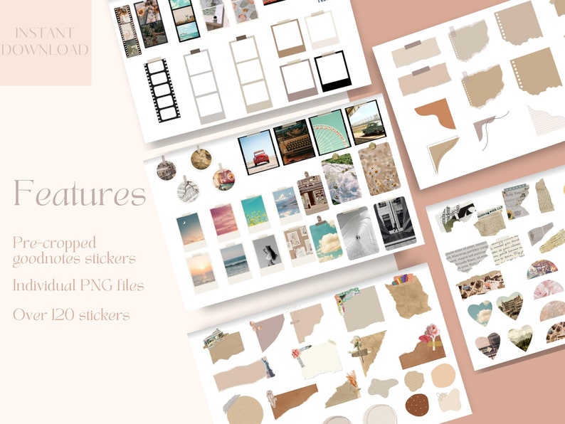 May include: A set of over 120 pre-cropped Goodnotes stickers featuring a variety of designs, including photos, illustrations, and text. The stickers are perfect for adding a personal touch to digital notes and planners.