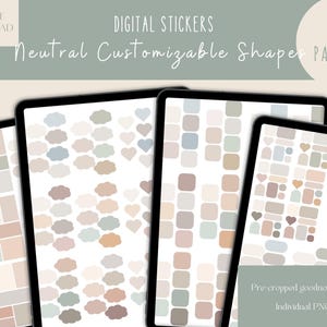 May include: Six digital sticker palettes featuring neutral colours and customizable shapes, including clouds, hearts, squares, and hexagons. The stickers are pre-cropped and come as individual PNG files.