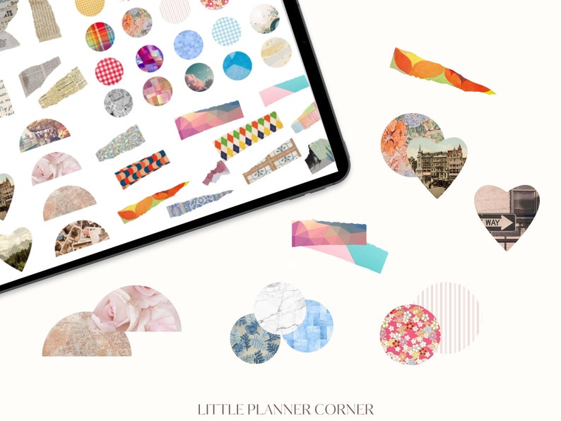 May include: Assortment of colorful and patterned stickers, including circles, hearts, and half-circles. The stickers feature various designs, such as floral patterns, geometric shapes, and vintage imagery.