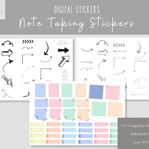 Puede incluir: Un conjunto de pegatinas digitales para tomar notas que incluyen una variedad de flechas dibujadas a mano, papel para notas y pancartas en colores pastel. El texto "Pre-cropped goodnotes stickers" es visible en la esquina inferior derecha de la imagen. El texto "Individual PNG files" es visible debajo del texto "Pre-cropped goodnotes stickers". El texto "over 90 Stickers" es visible debajo del texto "Individual PNG files".