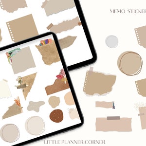 May include: A digital illustration of a set of brown and beige memo stickers with torn edges. The stickers are in various shapes and sizes, including circles, squares, and rectangles. The stickers are perfect for adding a touch of personality to your planner or journal.