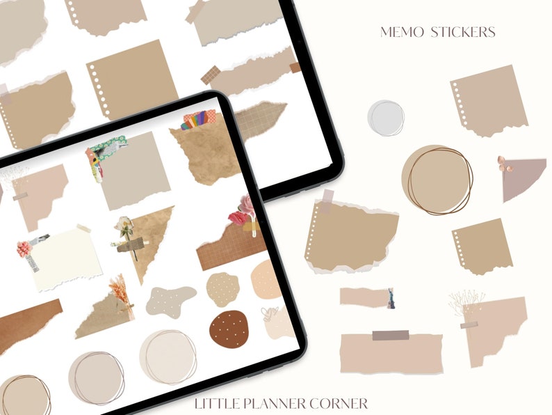 May include: A digital illustration of a set of brown and beige memo stickers with torn edges. The stickers are in various shapes and sizes, including circles, squares, and rectangles. The stickers are perfect for adding a touch of personality to your planner or journal.