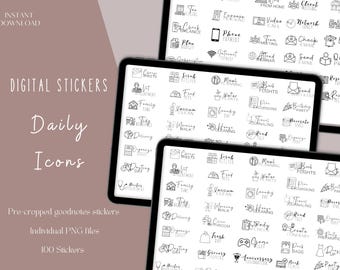 May include: A digital sticker set with 100 black and white icons for daily tasks and activities. The icons are organised into categories such as "Sheets", "Family Time", "Food", "Vacuum Clean", "Laundry", "Book Flights", "Decorate Space", "Fresh Groceries", "Game", "Anniversary Celebration", "Pack Bags", "Pre-Party Preparation", and "Birthday Party".