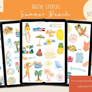 May include: Digital stickers with a summer beach theme. The image shows several tablets displaying illustrations of beach elements, including palm trees, sun, watermelon, and beachgoers. Text includes "Summer Beach", "101 Stickers", and "Seas the day".
