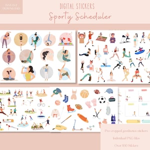 Puede incluir: Un conjunto de pegatinas digitales con más de 100 ilustraciones coloridas de personas que participan en diversos deportes y actividades. Las pegatinas están precortadas y listas para usar en planificadores digitales y aplicaciones de toma de notas. El conjunto incluye ilustraciones de deportes como baloncesto, fútbol, tenis, golf y más.