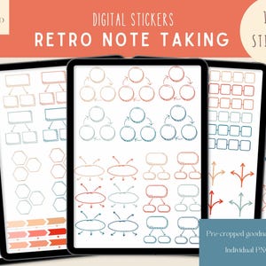 Könnte beinhalten: Tablets mit digitalen Stickern für Retro-Notizen. Das Bild zeigt Diagramme, Flussdiagramme und Organisationselemente in Orange, Blau und Grün. Der Text enthält "Digital Stickers", "Retro Note Taking" und "100+ Stickers".