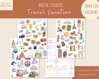 May include: Over 110 digital stickers featuring watercolor illustrations of travel and vacation themes. The stickers include landmarks, food, transportation, and other travel-related icons.  The stickers are perfect for planners, journals, and digital scrapbooking.