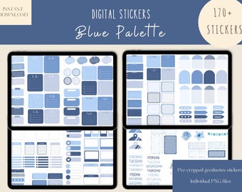 May include: A digital sticker pack with over 170 blue and white stickers. The stickers are pre-cropped for use in the Goodnotes app. The stickers include various shapes, sizes, and designs, including boxes, circles, banners, and arrows.