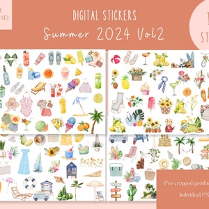 May include: A digital sticker sheet with over 140 summer themed illustrations. The stickers are pre-cropped and ready to use in digital planners and notes. The illustrations include palm trees, ice cream cones, sunglasses, flip flops, and more.