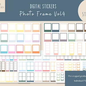 Può includere: Adesivi digitali con design di cornici per foto in vari colori pastello, tra cui rosa, arancione e verde. L'immagine include il testo "Photo Frame Vol 4" e "120 Stickers". Adesivi Goodnotes pre-ritagliati e file PNG individuali.