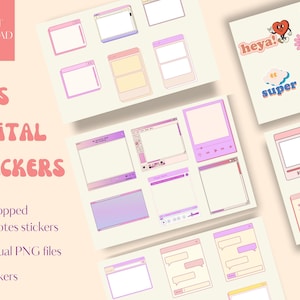 Puede incluir: Una colección de pegatinas digitales con temática de los años 90. Las pegatinas incluyen diseños de ventanas de ordenador, bocadillos y gráficos retro. El texto de la imagen dice "90'S DIGITAL STICKERS", "INSTANT DOWNLOAD" y "64 stickers".