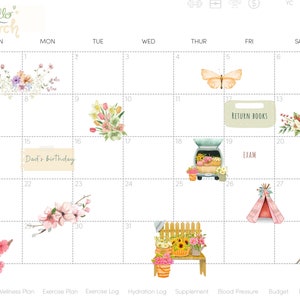 May include: A watercolor calendar for March with floral illustrations and handwritten text. The calendar includes dates, days of the week, and weekly numbers.  The calendar also includes illustrations of a butterfly, a car with flowers, a tent, and a bench with flowers.