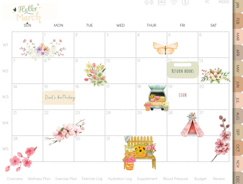 May include: A watercolor calendar for March with floral illustrations and handwritten text. The calendar includes dates, days of the week, and weekly numbers.  The calendar also includes illustrations of a butterfly, a car with flowers, a tent, and a bench with flowers.